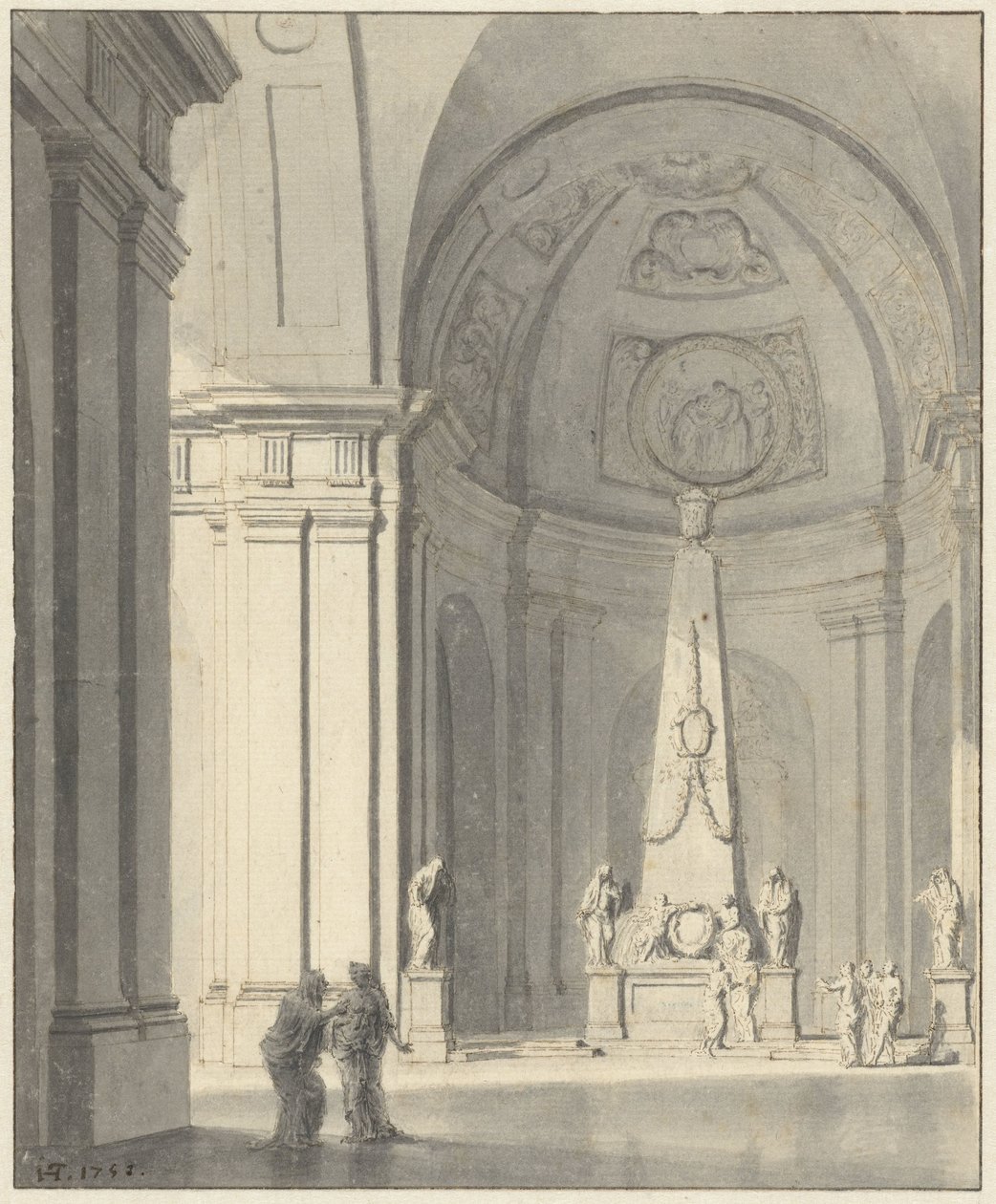 Stor hvælvet sal med et begravelsesmonument af Jan Hendrik Troost van Groenendoelen