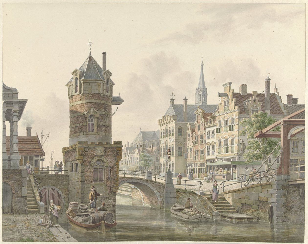 Kanal i en by med et tårn ved en stenbro af Jan Hendrik Verheijen