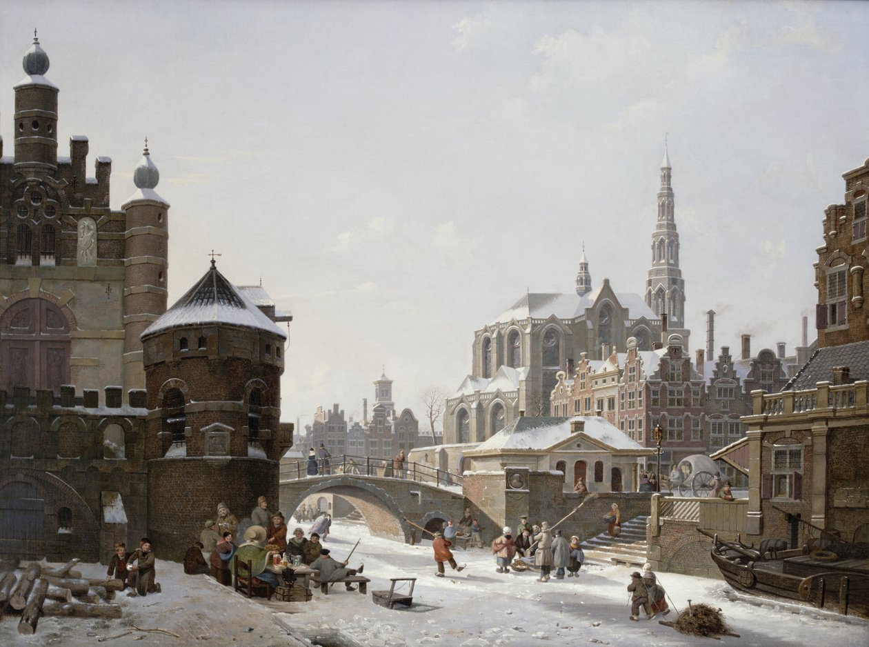 En Capriccio udsigt over en by med figurer på en frossen kanal af Jan Hendrik Verheyen