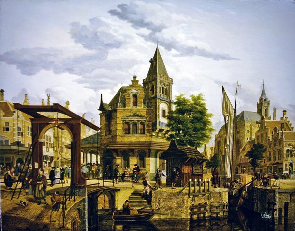 En hollandsk gadescene langs en kanal af Jan Hendrik Verheyen
