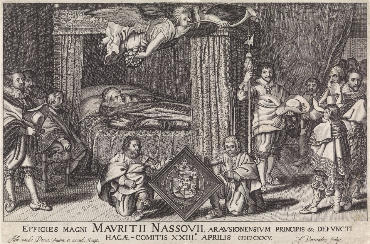 Paradebed van Prins Maurits, 1625 Billedbilleder af den store Maurice Nassouii, prins af Arausion osv. af afdøde Haag-Comitis XXIII april 1825 (titel på objekt) af Jan Hendriksz. Verstraelen