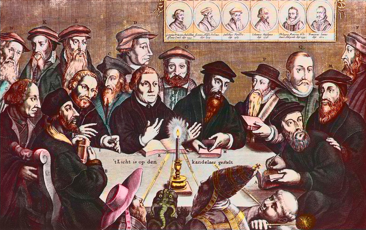 Lyset er placeret på lysestagen - Indgravering af Jan HOUWENS, der viser reformatorerne - John Calvin og Martin Luther Imaginary Meeting of Reformist Leaders: John Wyclif (eller Wycliff eller Wycliffe) af Jan Houwens