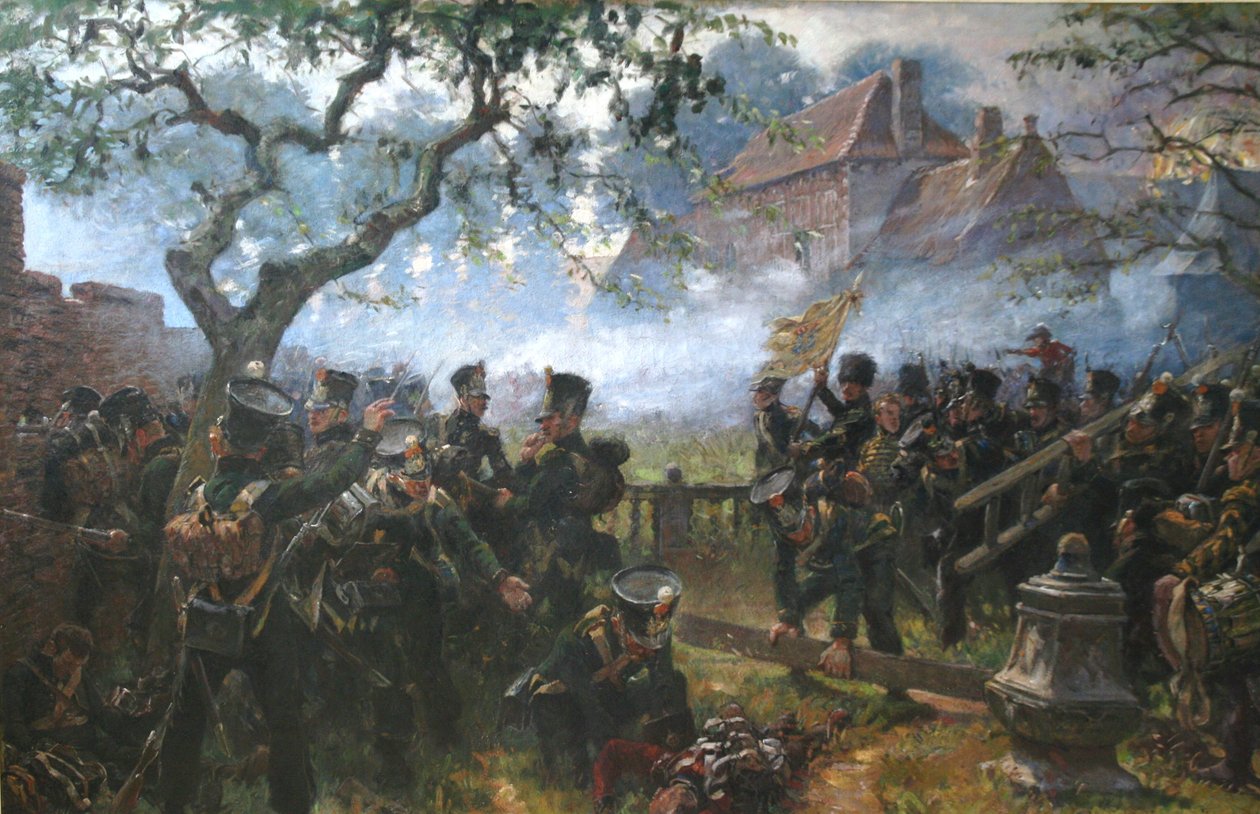 Nassau-tropper ved Hougoumont under slaget ved Waterloo af Jan Hoynck van Papendrecht