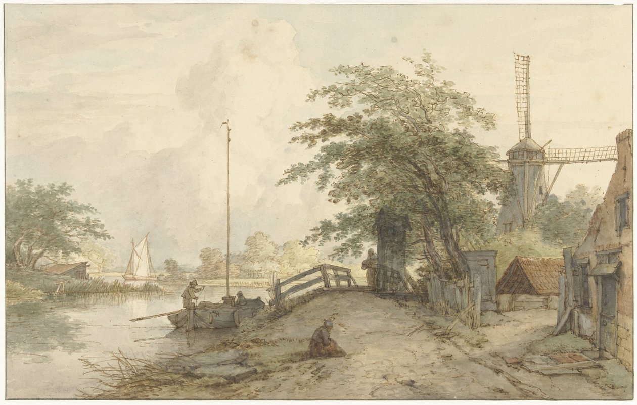 Landskab med en bro og hus på en vej langs et vand af Jan Hulswit