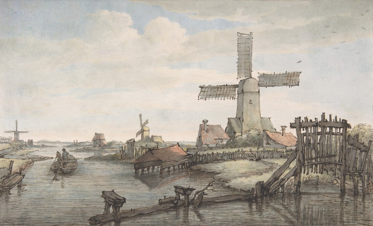 Udsigt over en kanal med tre vindmøller, slutningen af det 18.-begyndelsen af det 19. århundrede. af Jan Hulswit
