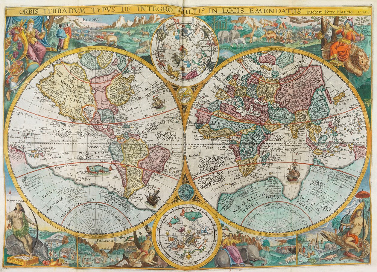 Itinerarium. Verdenskort med kostumer, indfødte, skibe, planter og dyr, 1644. af Jan Huygen van Linschoten