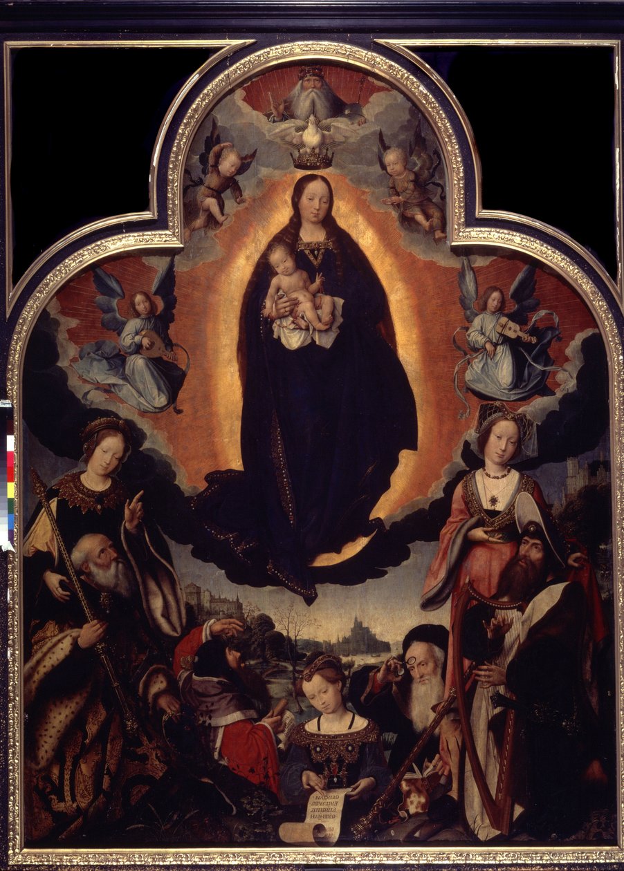 ""La Vierge en Gloire"" (Jomfruens forherligelse) Blandt karaktererne omkring Jomfruen og Jesus Kristus: Kong David, der spiller harpe, den romerske kejser Augustus (Caius Julius Caesar Octavianus Augustus) (63 f.Kr.-14 e.Kr.), profeter af Jan II Provost
