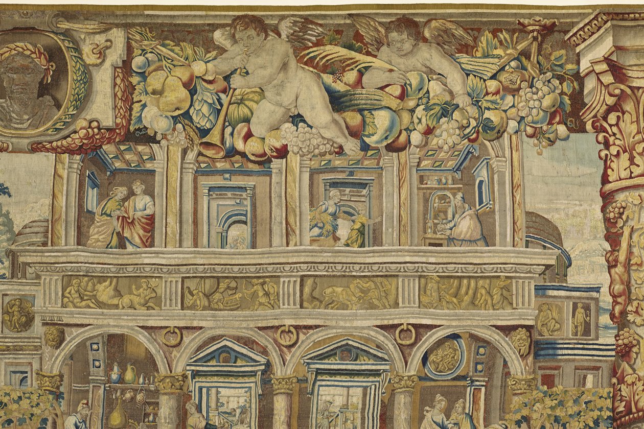 Detalje af paladset og musikerengel fra Vertumnus og Pomona, ca. 1630 af Jan II Raes
