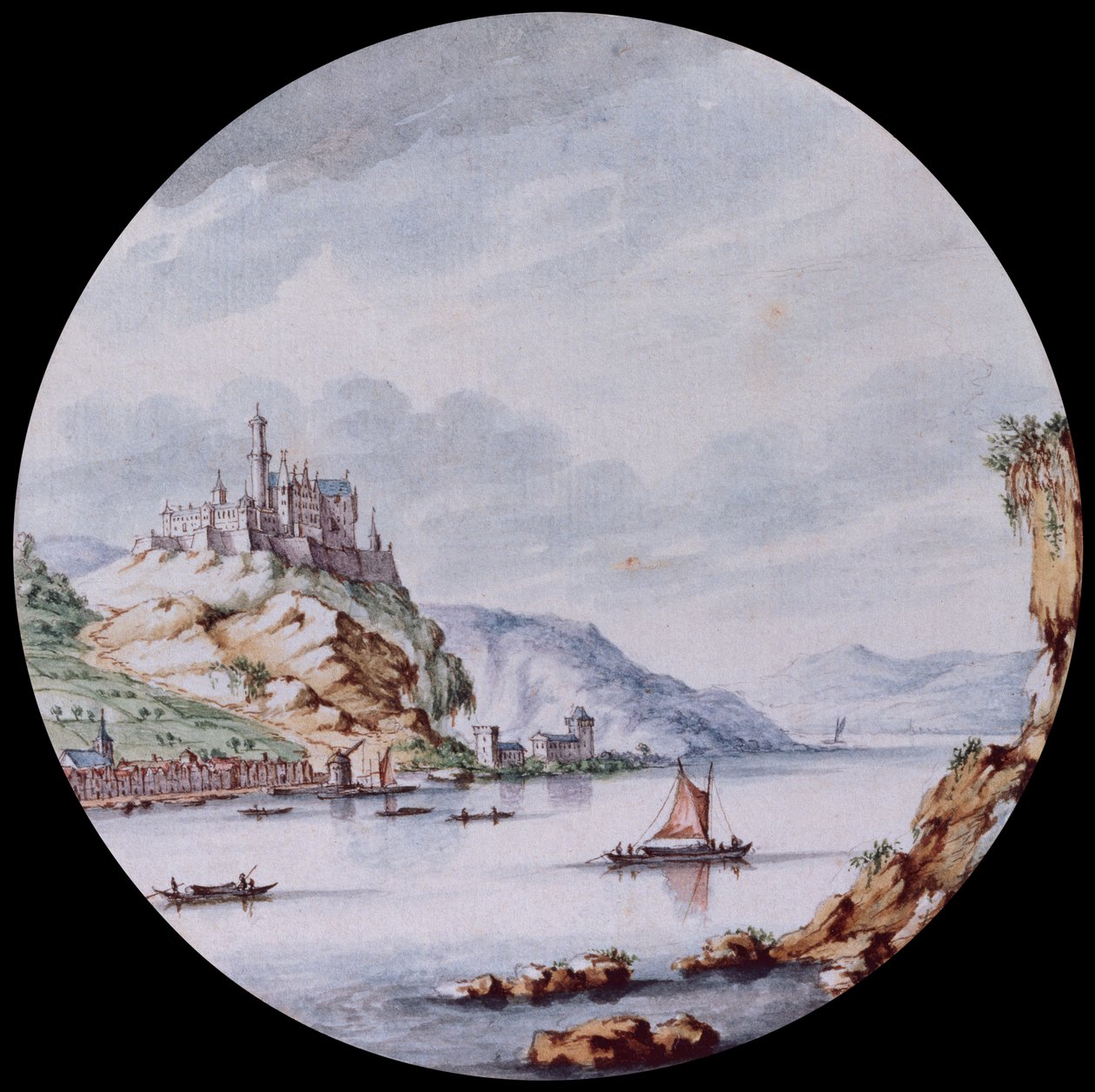 En udsigt langs Rhinen med landsbyen St. Goar og slottet Rheinfels (sort bly, pen, gråt blæk og akvarel) af Jan I van Call