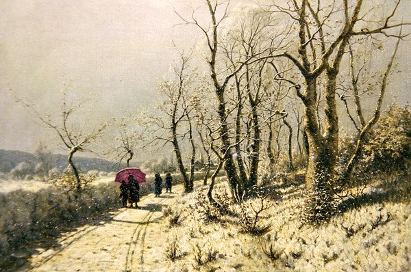 Snedækket vinterdag med figurer på stien (olie på lærred) af Jan Jacob Lodewiks Ten Kate