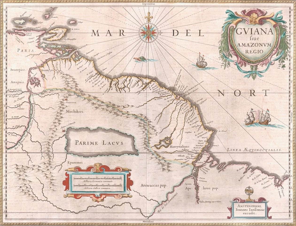 Et kort oprettet omkring 1649, der viser Guyana-regionen. Område, som Spanien gør krav på i rødt mod vest, Hollandsk Guyana fremhævet med gult og portugisisk territorium i rødt mod sydøst. Den mytiske sø Parime er også synlig af Jan Janssonius