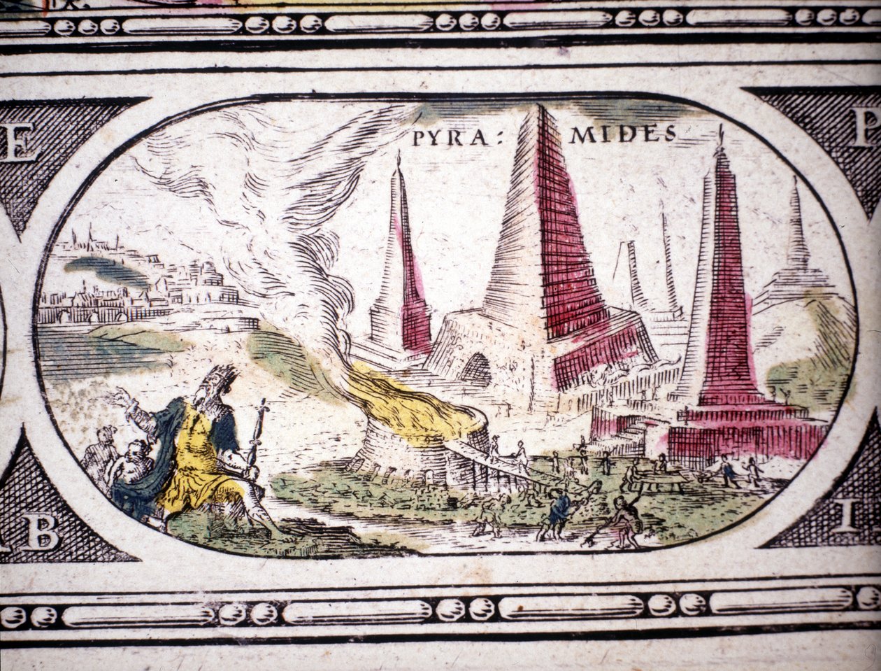 Repræsentation af antikkens syv vidundere: Egyptens pyramiderne. i Atlas of Jansson Jannsonius trykt i Amsterdam i 1630. Privat samling. af Jan Janssonius