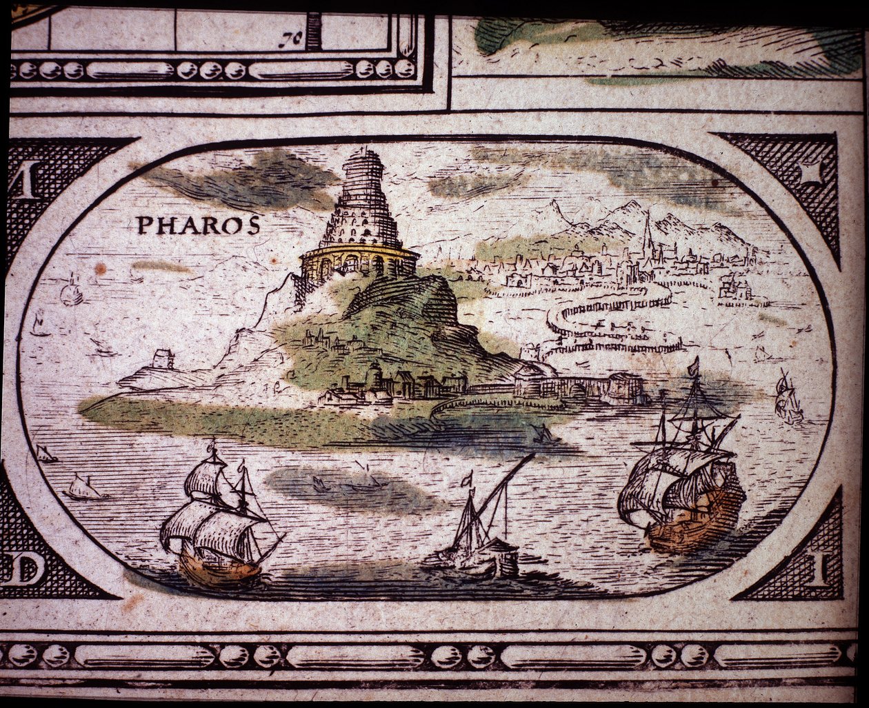 Repræsentation af antikkens syv vidundere: Fyrtårnet i Alexandria. i Atlas af Jansson Jannsonius trykt i Amsterdam i 1630 af Jan Janssonius