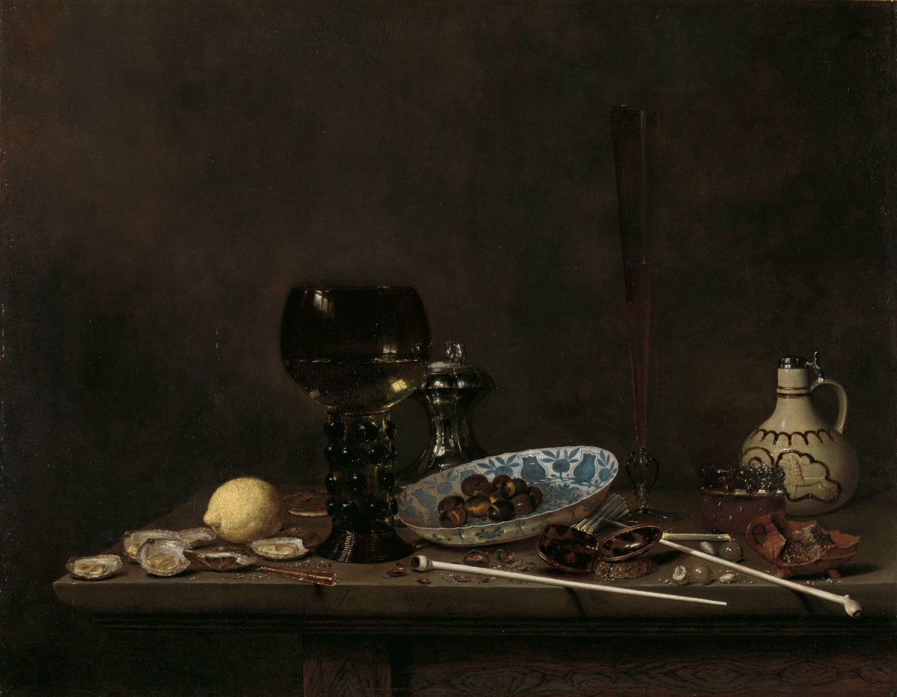 Stilleben med Roemer, fløjteglas, lertøjskande og rør af Jan Jansz. van de Velde (III)