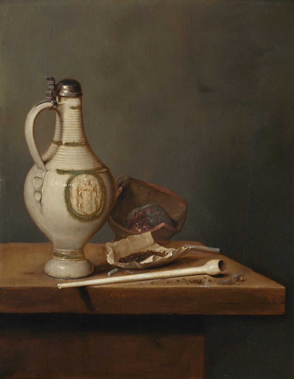 Stilleben med stentøjskande og pibe, midten af 1650