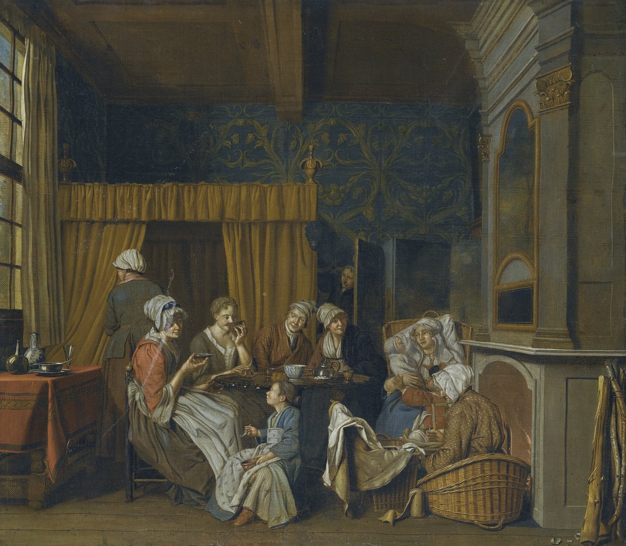 En familie, der drikker te, mens de fejrer tvillingers fødsel af Jan Josef Horemans the Younger