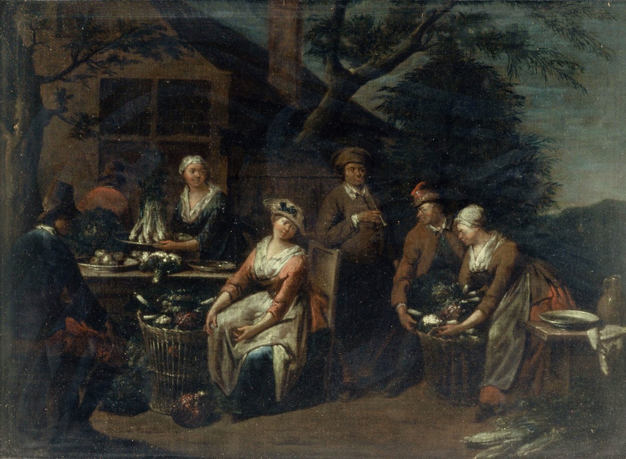En gruppe af bønder, grøntsager og frugter af Jan Josef the Elder Horemans