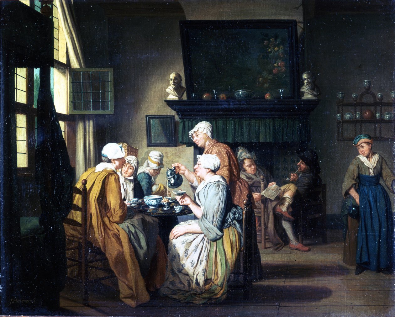 Borgerligt interiør med damer, der drikker te, en mand læser ved pejsen af Jan Josef the Elder Horemans