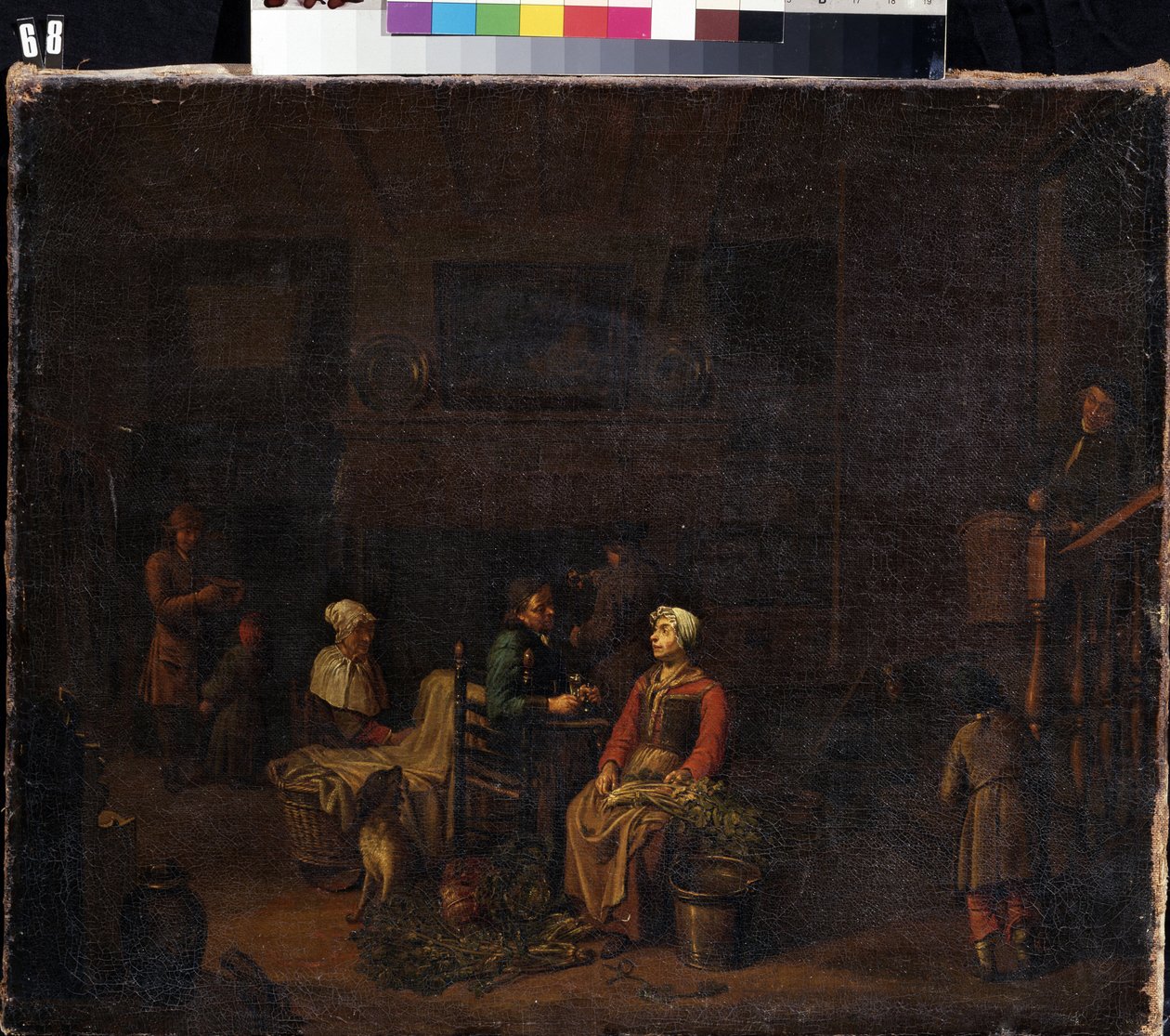 ""Køkkenet"" (Køkkenet) Tjenere, der tilbereder måltidet til deres herrer, en kvinde, der hakker grøntsager, en anden bag ved et vaskekar, mens en mand diskuterer, mens han drikker. Maleri af Jan Joseph Horemans den ældre (1682-1759) 1700-tallets Mik af Jan Josef the Elder Horemans