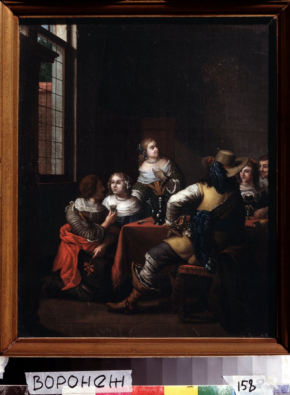 ""Les festivites"" (Det muntre møde) gruppe af ryttere og damer samledes glade omkring et bord. Maleri af Jan Joseph Horemans den Ældre (1682-1759) 1700-tallets Ivan Kramskoy (eller Kramskoi) Fine Arts Museum i Voronezh (Voronezh), Rusland. af Jan Josef the Elder Horemans