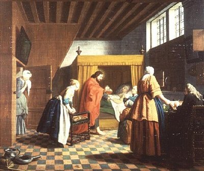 Lægens besøg - Et hollandsk ordsprog: Lægen er afbildet som Kristus (en af et sæt på fire) af Jan Josef the Elder Horemans