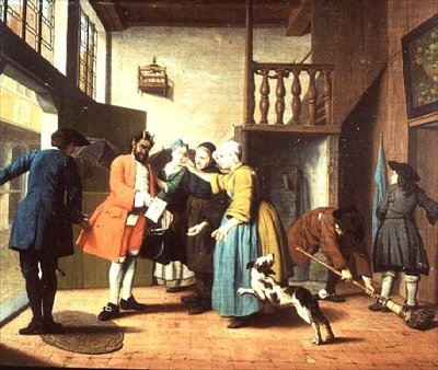 Lægebesøg - Et hollandsk ordsprog: Lægen er afbildet som Djævelen, når han vender tilbage til huset for at præsentere sit lovforslag (en af et sæt på fire) af Jan Josef the Elder Horemans