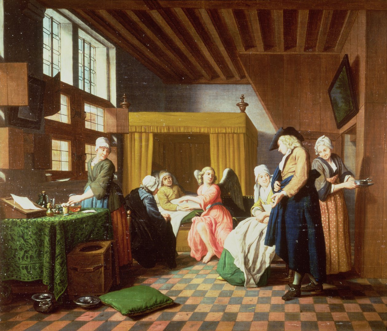 Lægebesøg - Et hollandsk ordsprog: Lægen portrætteres som en engel, der giver hjælp til den syge mand (en af et sæt på fire) af Jan Josef the Elder Horemans