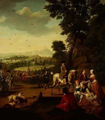 En elegant hawking-fest hvilende i en park af Jan Josef the Younger Horemans