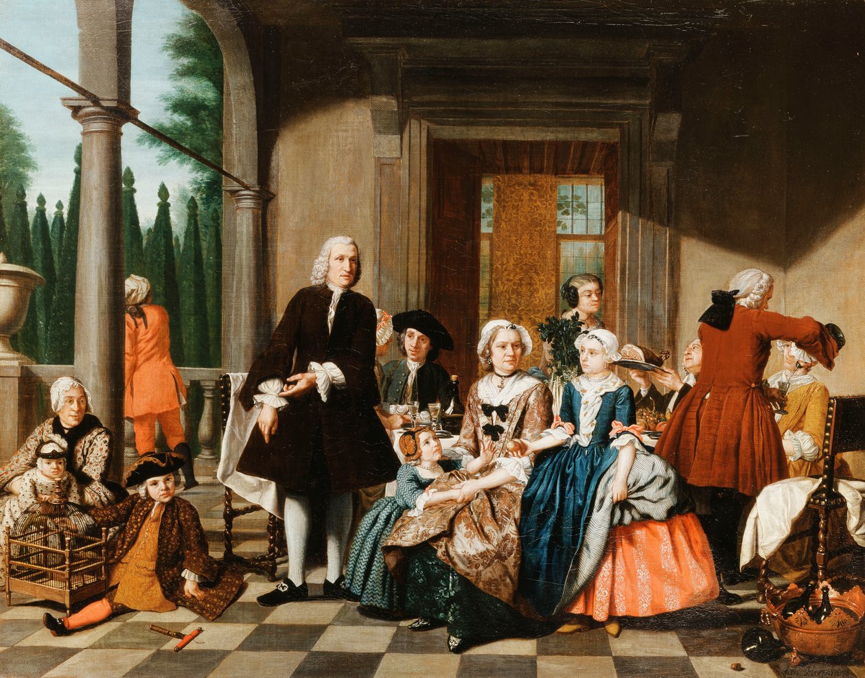 Portræt af en familie, der spiser på en portik, en formel have udenfor, 1747 af Jan Josef the Younger Horemans