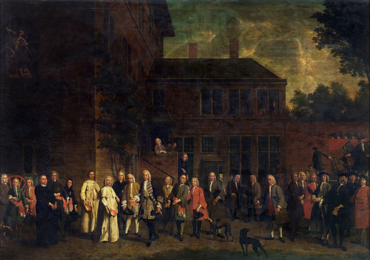 Medlemmerne af fægterlauget byder abbeden af Sint-Michiels velkommen af Jan Josef the Younger Horemans