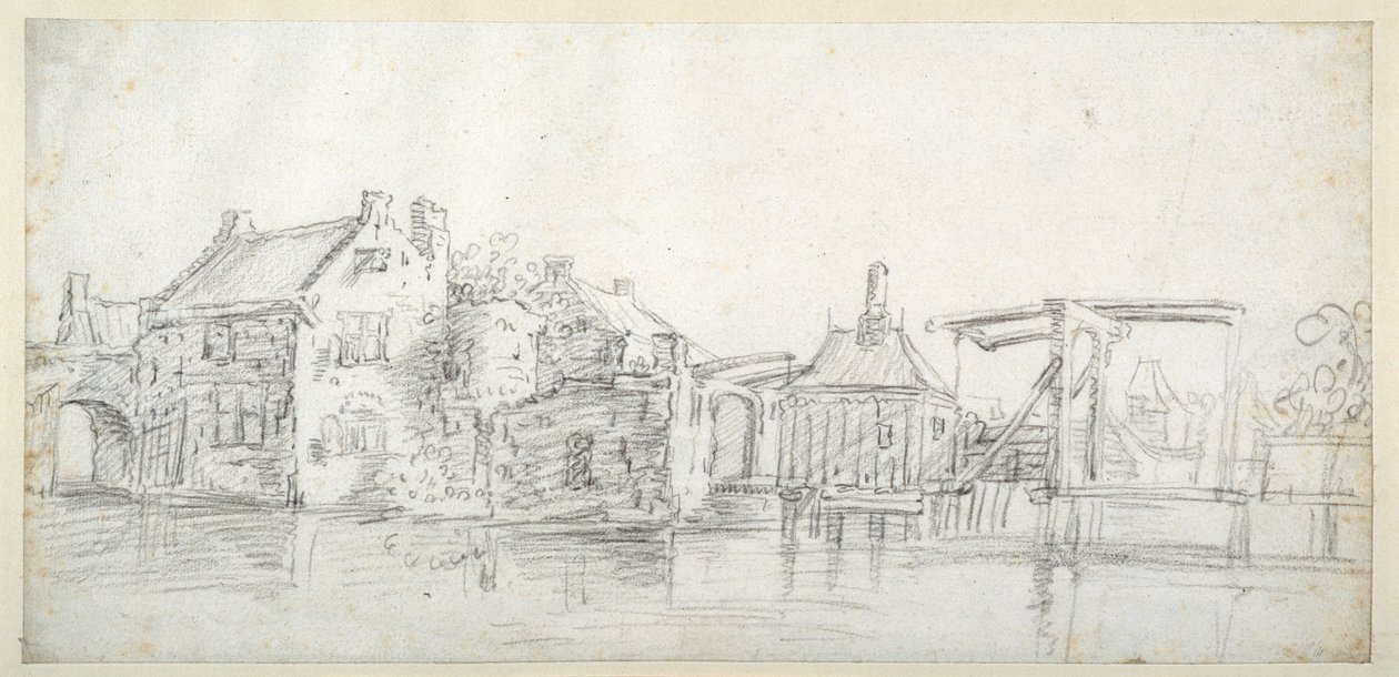 En kanal med bygninger, herunder et toldhus og en toldbro, ca. 1650 (sort kridt på hvidt papir) af Jan Josefsz. van (circle of) Goyen
