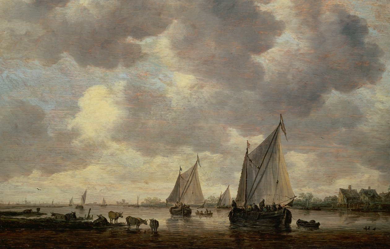 En kanal i Holland, eller to store sejlskibe og kvæg nær en flod af Jan Josephsz van Goyen