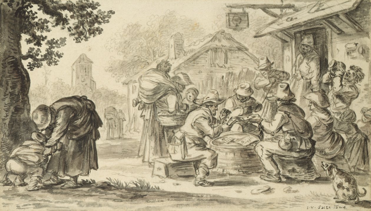 A Farmers Card Game foran kroen, 1624 (blyant, pen og blæk og pensel på papir) af Jan Josephsz van Goyen