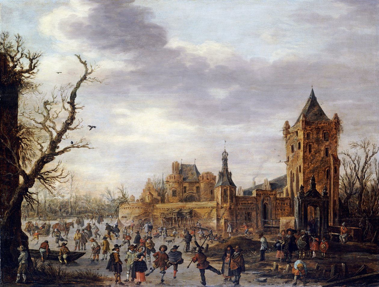En udsigt over Kasteel Batestein Vianen, om vinteren med en gentleman, hans kone og følge, der ser vintersport på isen af Jan Josephsz van Goyen