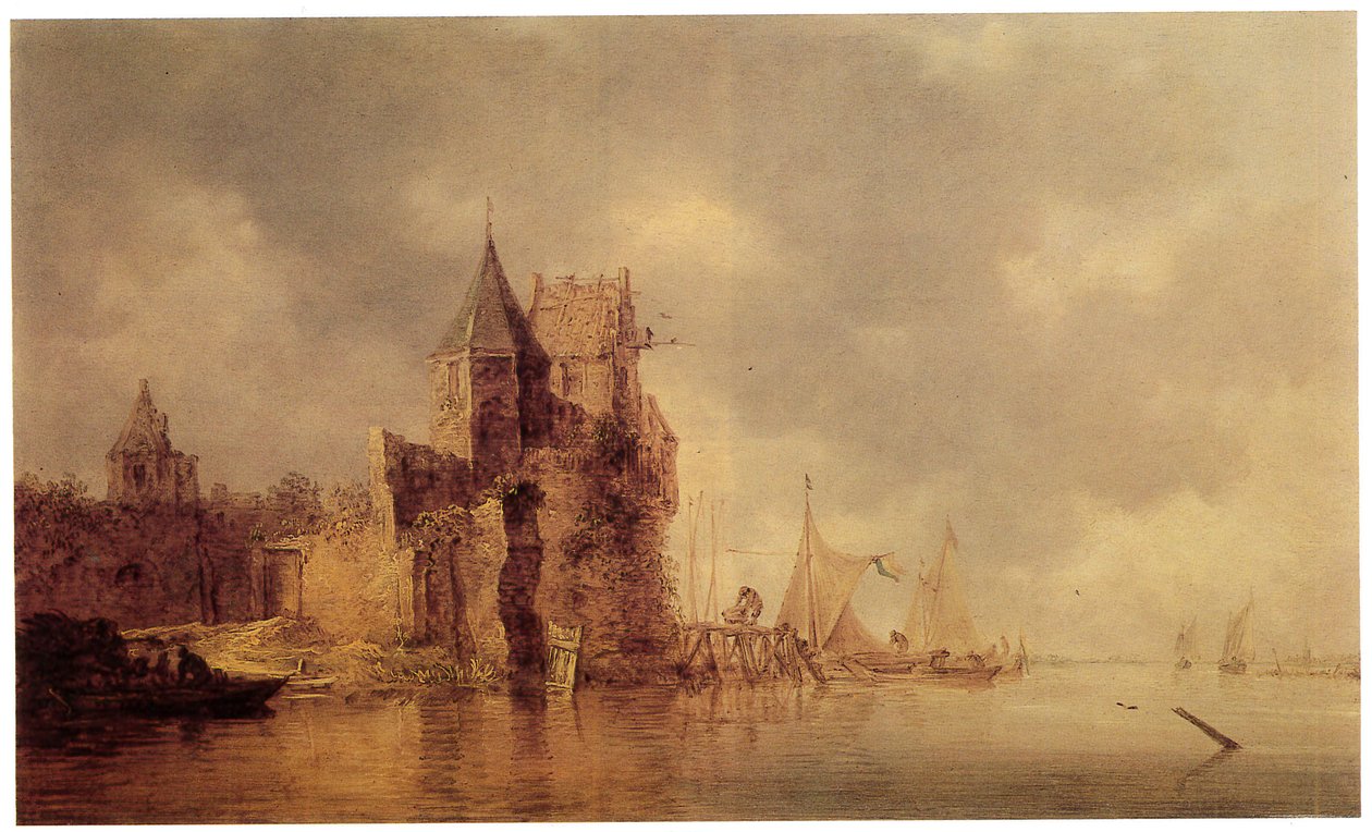 Et middelaldertårn på en borgvold med sejlskibe ved en anløbsbro og en robåd i forgrunden, ca. 1642 (olie på panel) af Jan Josephsz van Goyen