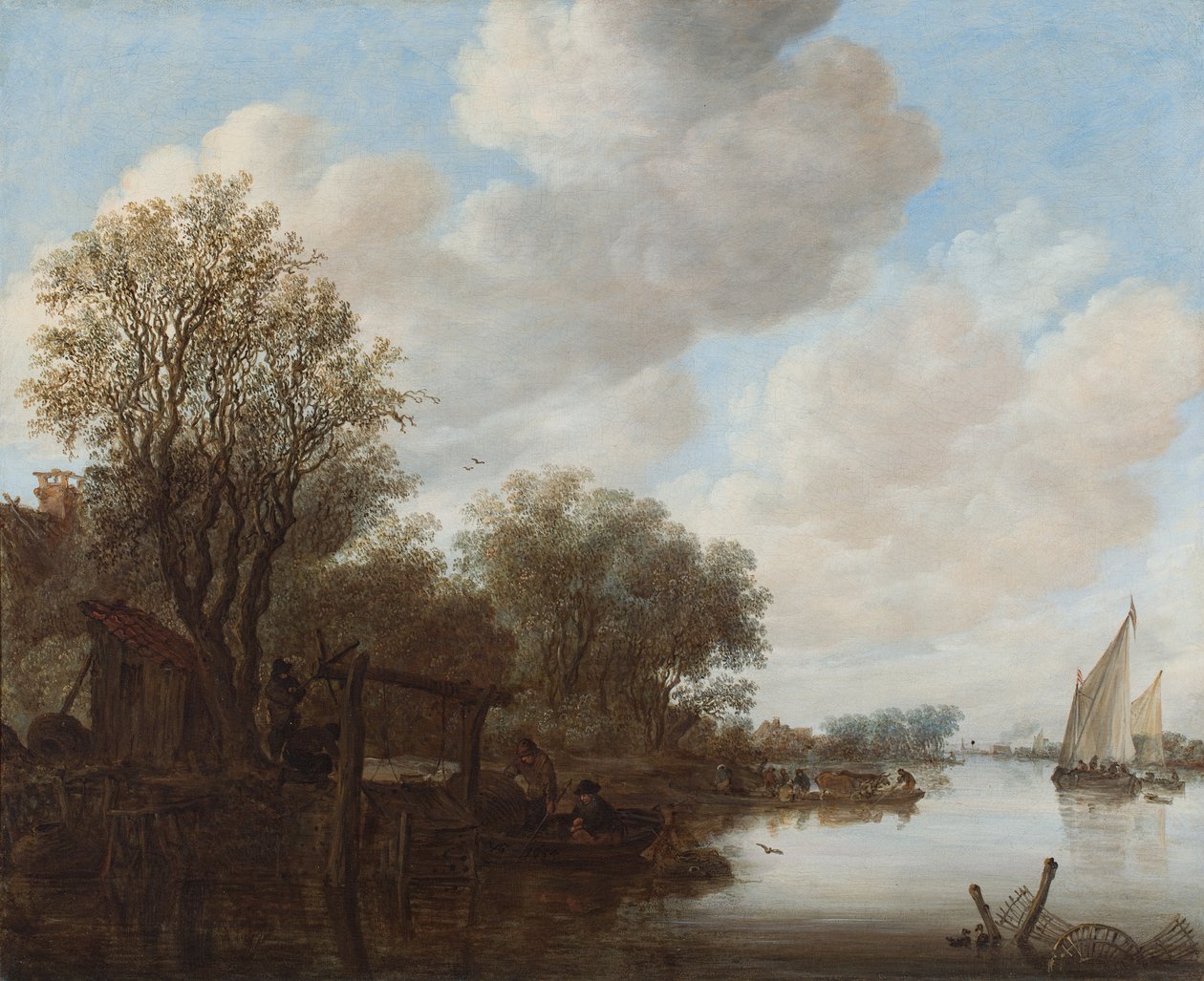 Et flodlandskab med figurer ved en sluse, en færge på den anden side og et kirkespir i det fjerne. af Jan Josephsz van Goyen