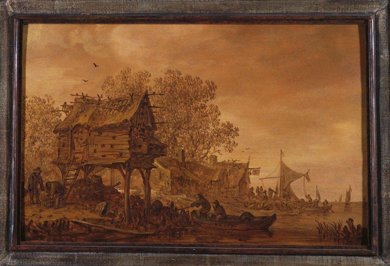 En landsby ved en flodbred med bønder i en båd ved et svaleslag, 1651 af Jan Josephsz van Goyen