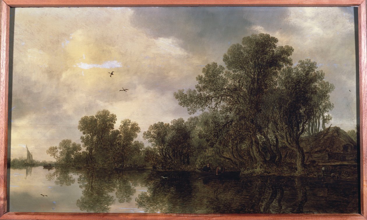 Et skovklædt flodlandskab, med bønder i en robåd ved et sommerhus og en færge, en sejlbåd i det fjerne, 1633 af Jan Josephsz van Goyen
