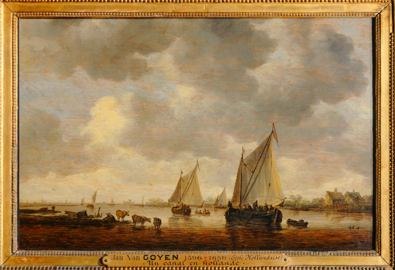 Deux grandes barques à voiles sur un fleuve et bestiaux près de la rive - To store sejlbåde på en flod og dyr på bredden ... af Jan Josephsz van Goyen