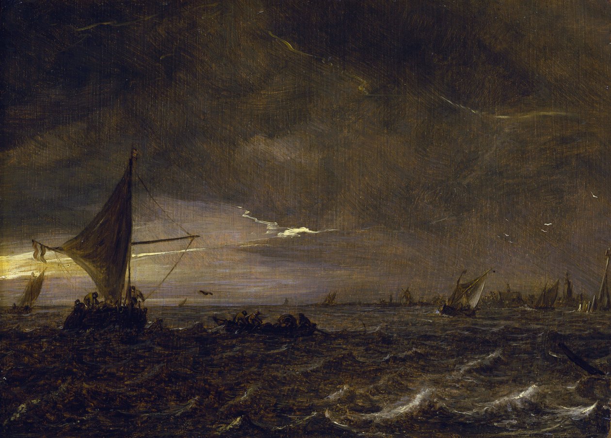 Fiskerbåde i en flodmunding i skumringen med udsigt til en by og dens klokketårn i horisonten. Olie på træ af Jan van Goyen (1596-1656). af Jan Josephsz van Goyen