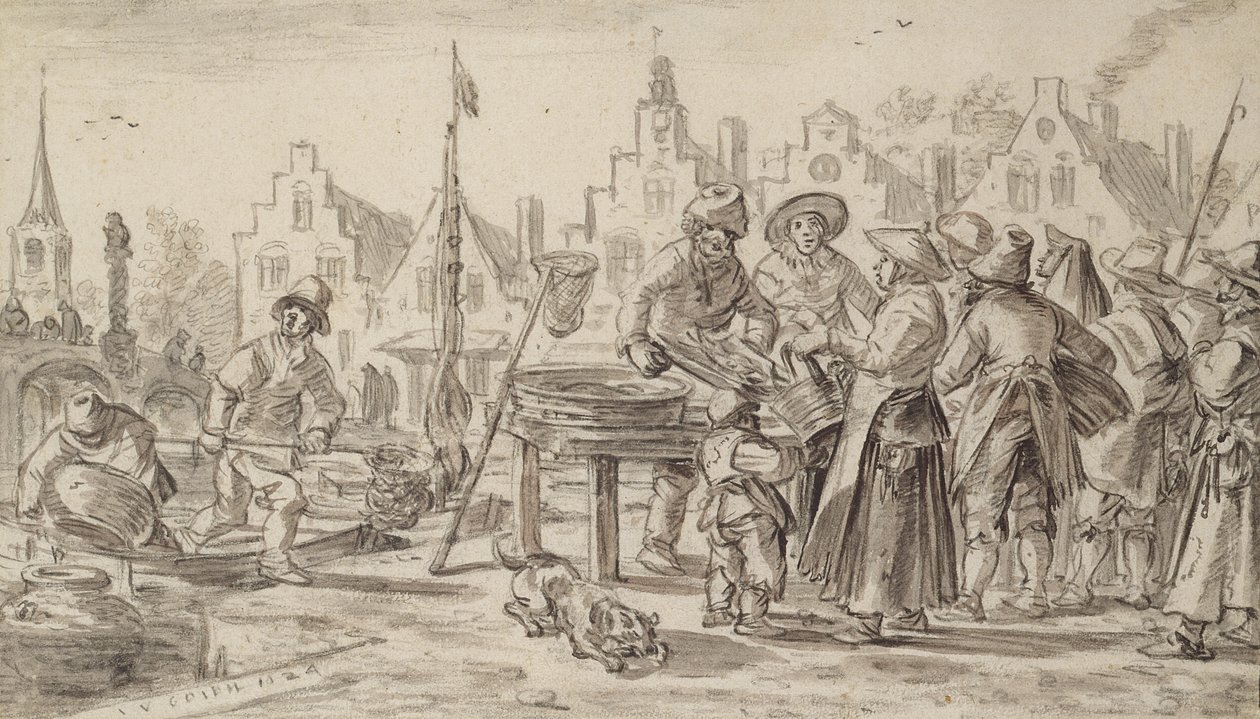 Fishmarket, 1624 (pen og pensel og brunt blæk på papir) af Jan Josephsz van Goyen