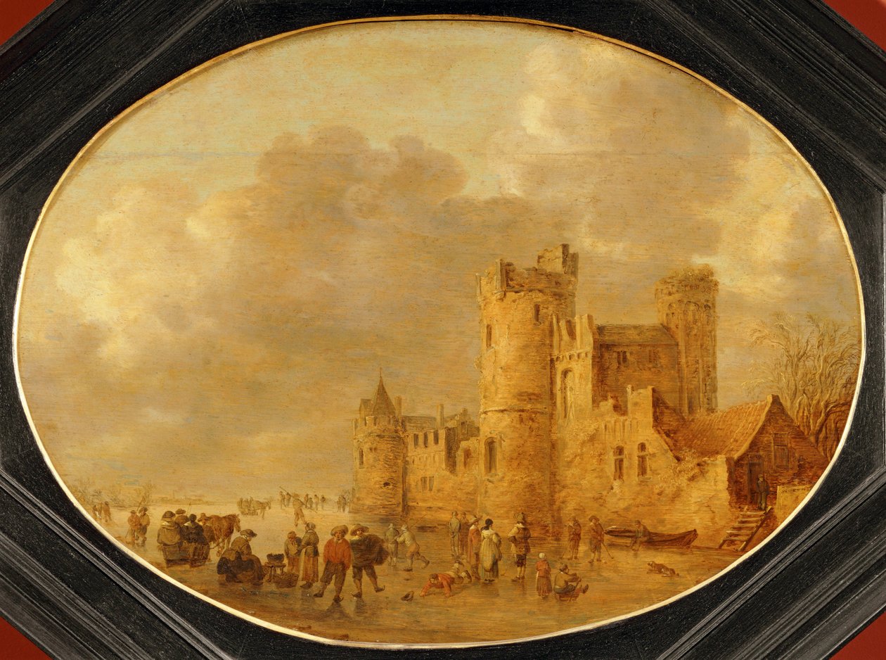 Skøjteløbere foran et middelalderslot ... af Jan Josephsz van Goyen