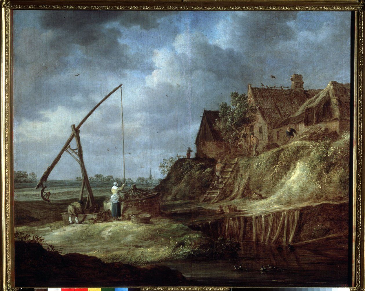 ""Landskab ved brønden"" Huse eller hollandsk bondehus med stråtag. (Landskab med trækbrønd) Maleri af Jan Josefsz van Goyen (1596-1656) 1642 Pushkin Museum, Moskva af Jan Josephsz van Goyen