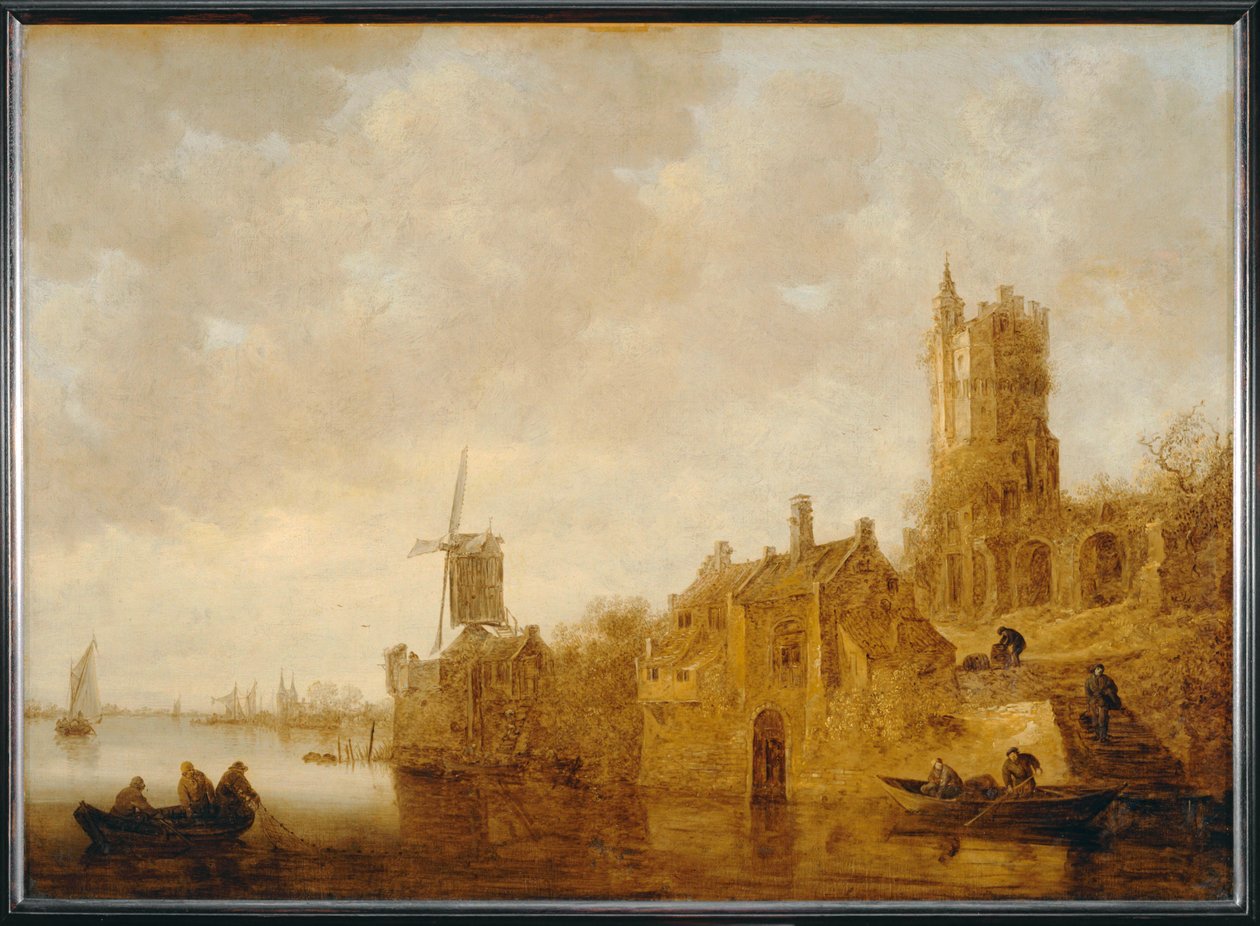 Flodlandskab med ødelagt mølle og chi¢teau ... af Jan Josephsz van Goyen