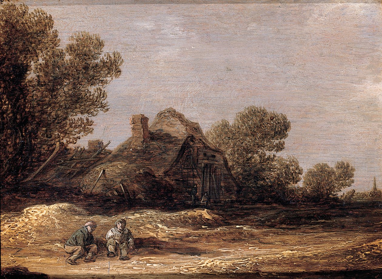 Bønder hviler på et spor ved en gård - et fragment af Jan Josephsz van Goyen