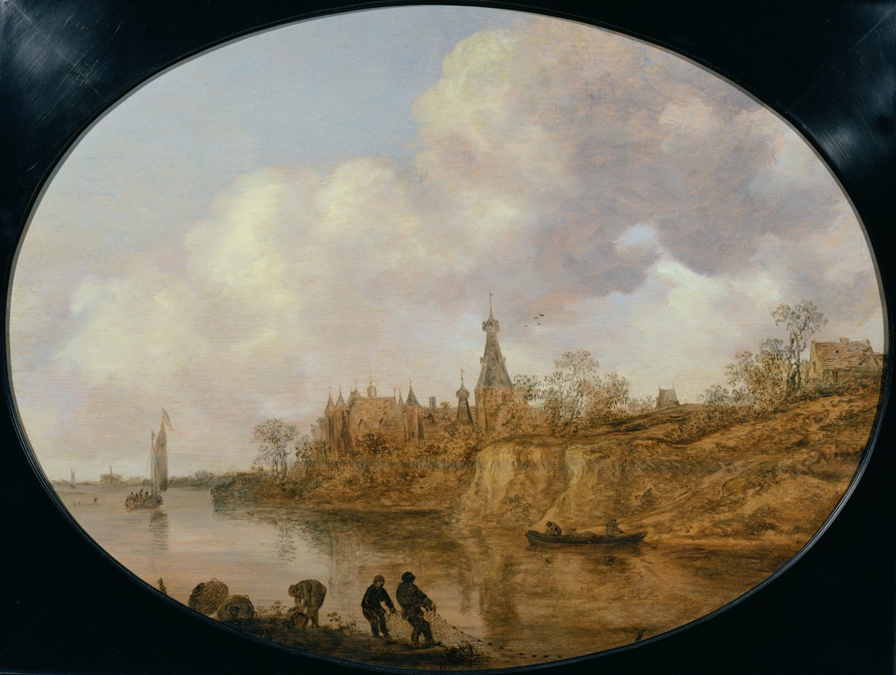 Tre fiskere, der trækker et net og kurve på bredden af et flodlandskab med et slot og en landsby i det fjerne af Jan Josephsz van Goyen