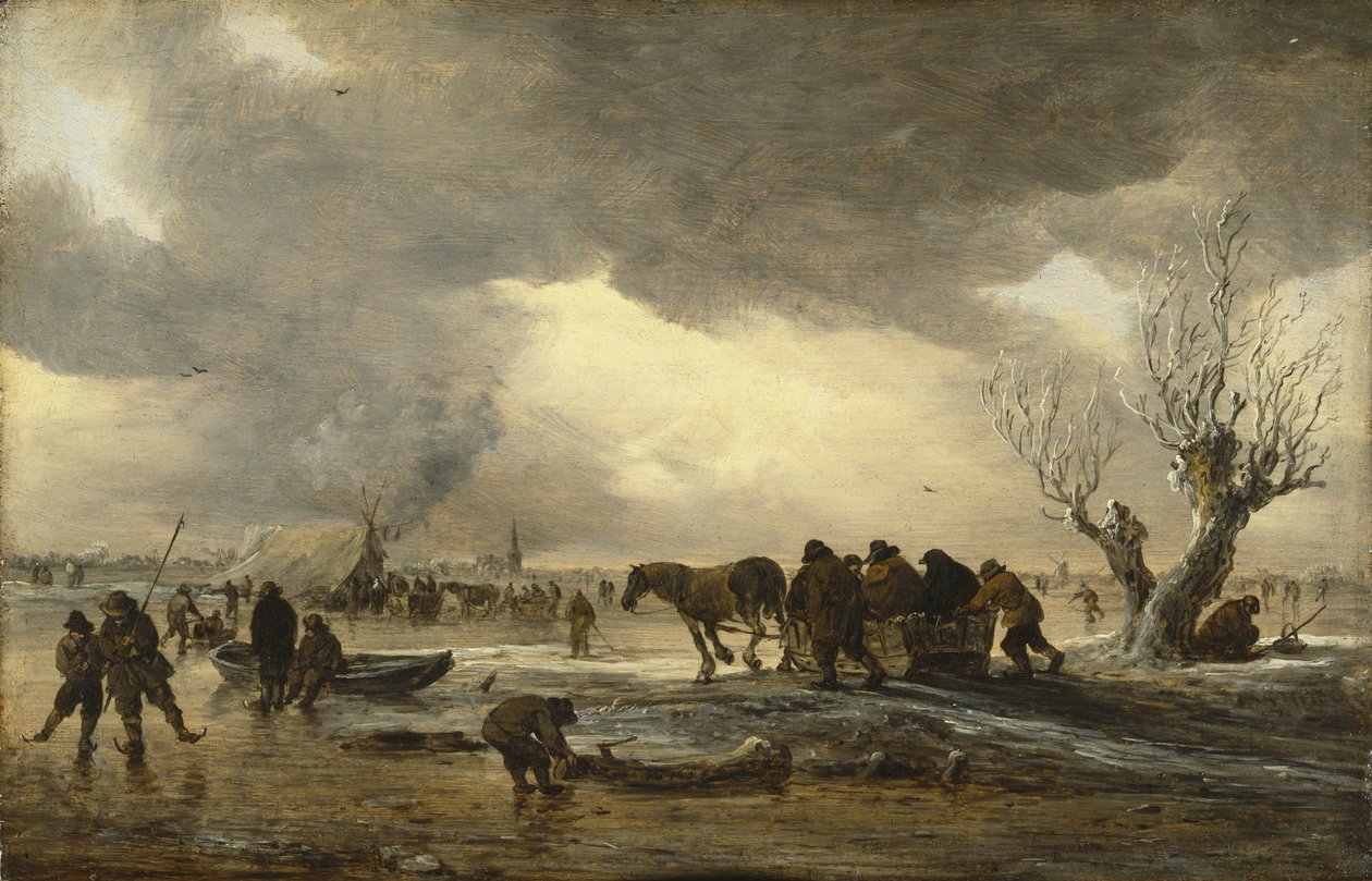 Vinterscene med en slæde i forgrunden og figurer, der samles om et telt på isen af Jan Josephsz van Goyen