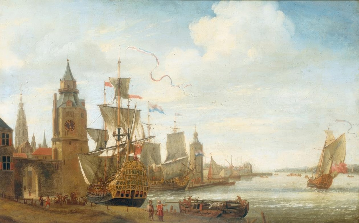 Capriccio med motiver fra havnen i Antwerpen af Jan Karel Donatus van Beecq