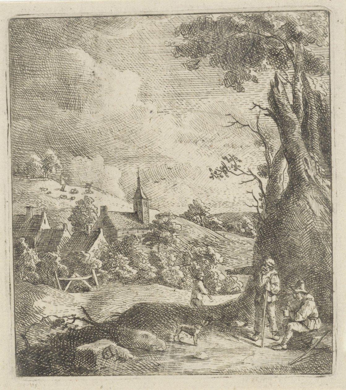 Landskab med en landsby og to mænd ved et træ af Jan Lauwryn Krafft (I) (attributed to)