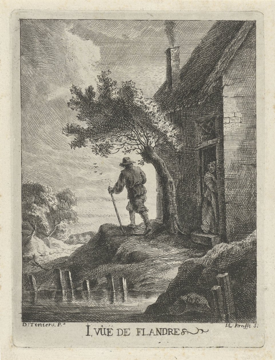 Bondehus ved havnefronten 1. Vûë de Flandre (titel på objektet) Udsigt over Flandern (serietitel) af Jan Lauwryn Krafft (I)